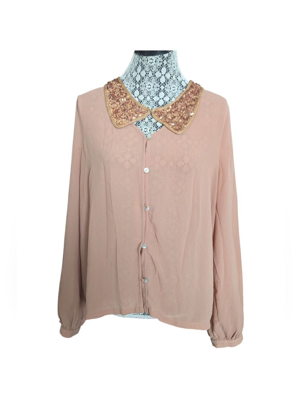 Women's Long Sleeve Blouse with Sequin Collar